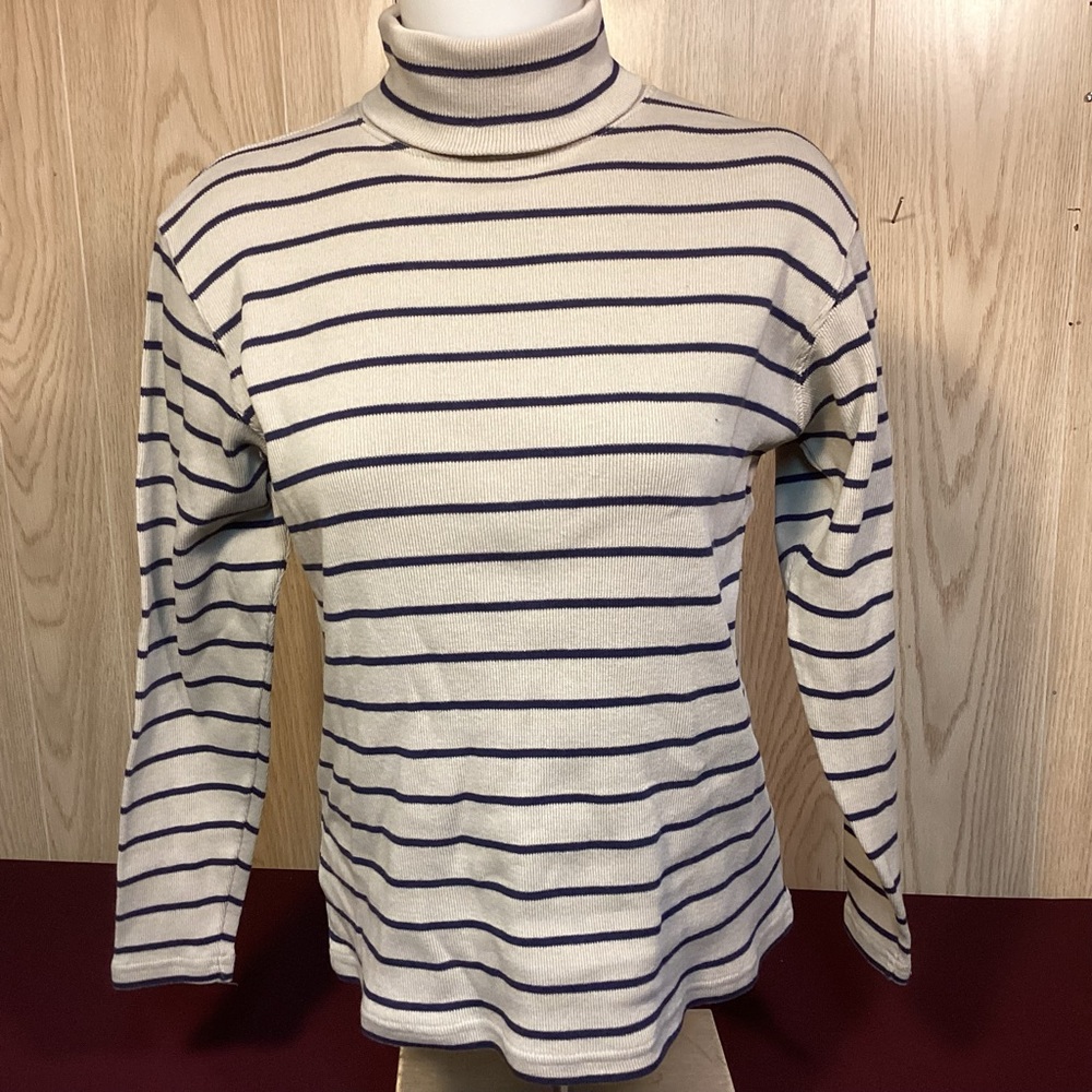 Womenโs L.L. Bean Beige and Navy Blue Striped, cotton turtleneck size small